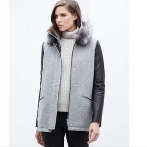 Danier Gray & Black Wool & Leather Coat with Real Silver Fox Fur Collar - XS/2XS